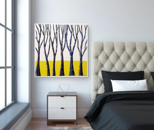 Blue Trees, Yellow, White Border: A Contemporary Meditation on Growth, Memory, and Light